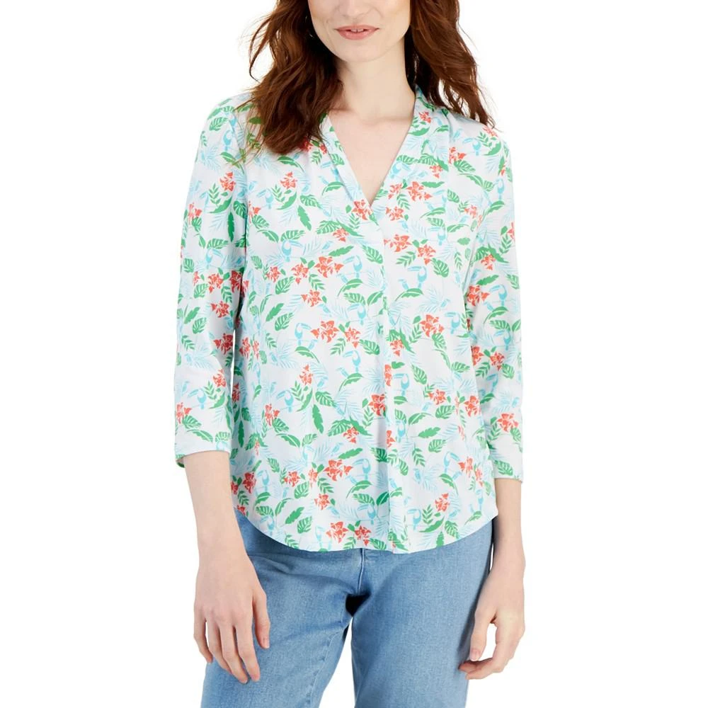 商品Charter Club|Petite Knit 3/4-Sleeve Tropical Toucans Top, Created for Macy's,价格¥67,第1张图片