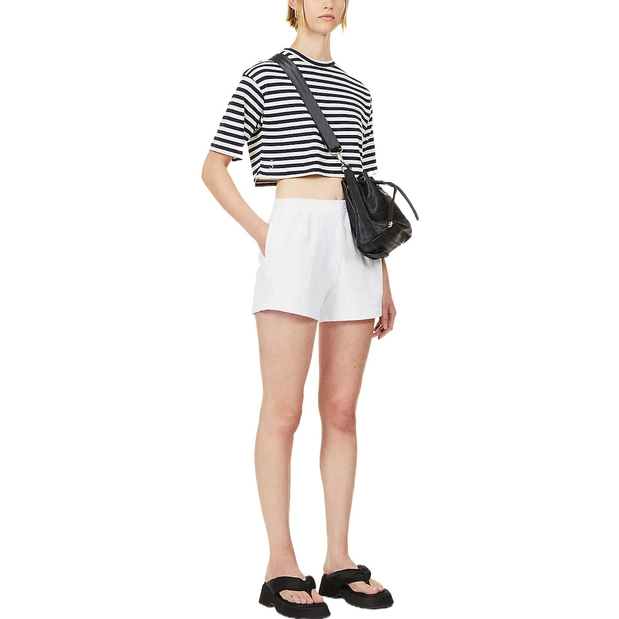 商品[国内直发] Miu Miu|SS23 条纹圆领套头短款短袖T恤 女款 黑色,价格¥3032,第3张图片详细描述