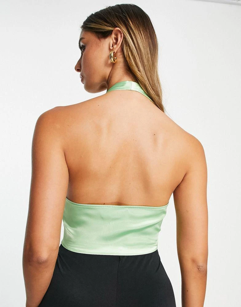 商品ASOS|ASOS DESIGN halter corset with seam detail and hook & eye in green satin,价格¥142,第3张图片详细描述