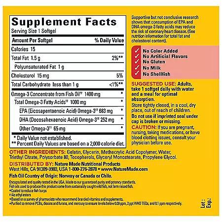 商品Nature Made|Nature Made Burp-Less Ultra Omega 3 from Fish Oil 1400 mg. Softgels (65 ct., 2pk.),价格¥123,第7张图片详细描述