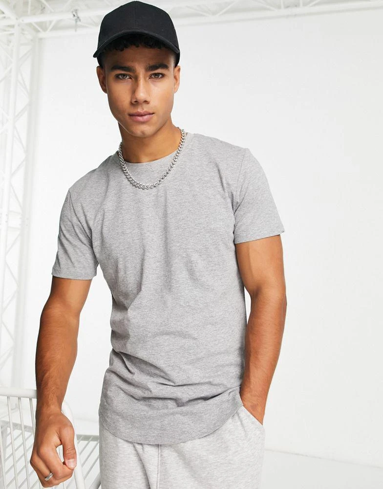 商品Jack & Jones|Jack & Jones Essentials longline scoop hem t-shirt in grey melange,价格¥116,第2张图片详细描述