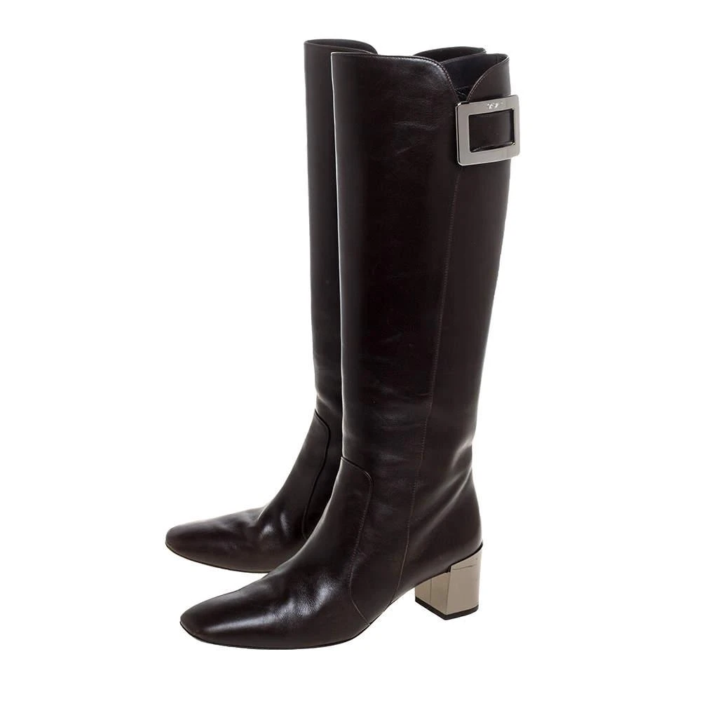 商品[二手商品] Roger Vivier|Roger Vivier Dark Brown Leather Buckle Detail Knee Length Boots Size 36.5,价格¥2073,第4张图片详细描述