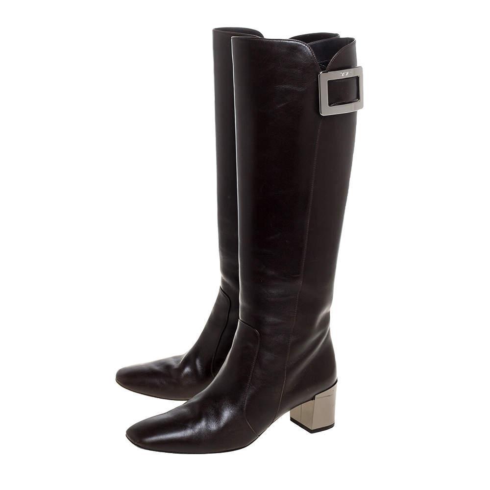 商品[二手商品] Roger Vivier|Roger Vivier Dark Brown Leather Buckle Detail Knee Length Boots Size 36.5,价格¥2019,第6张图片详细描述