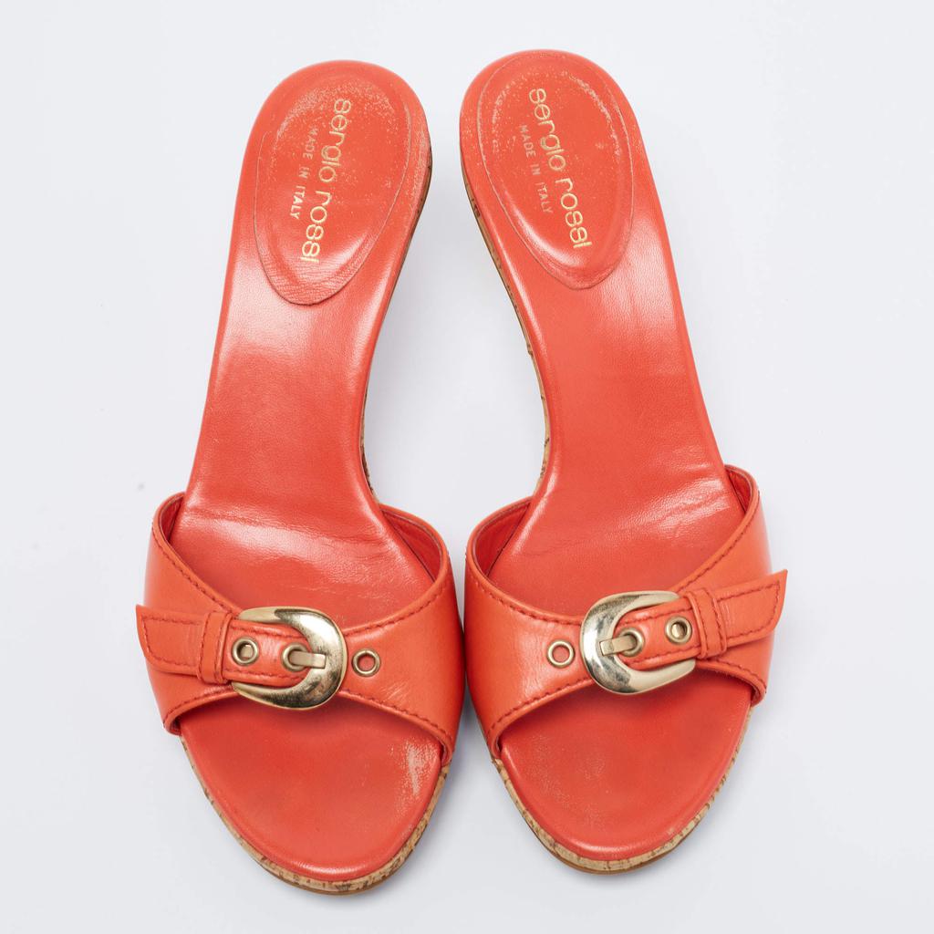 Sergio Rossi Orange Leather Buckle Detail Cork Heel Slide Sandals Size 36.5商品第3张图片规格展示