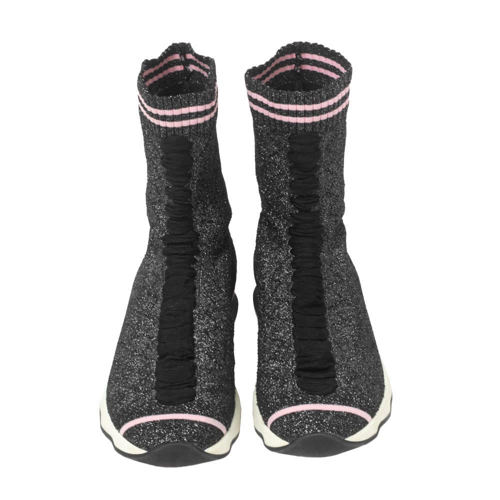 Fendi Black/Silver Glitter Knit Fabric High-Top Sock Sneakers Size 38商品第3张图片规格展示