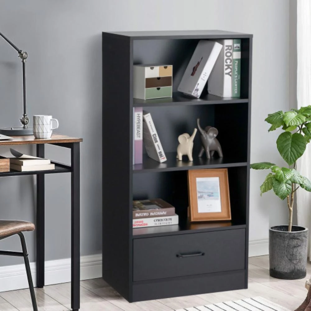 商品Hivvago|48 Inch Tall 4 Tiers Wood Bookcase with Drawer-Black,价格¥1021,第2张图片详细描述