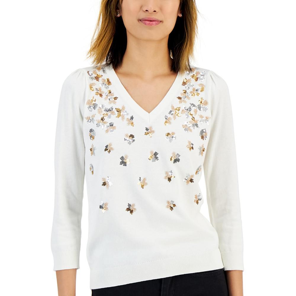 Petite Embellished V-Neck Sweater, Created for Macy's商品第3张图片规格展示