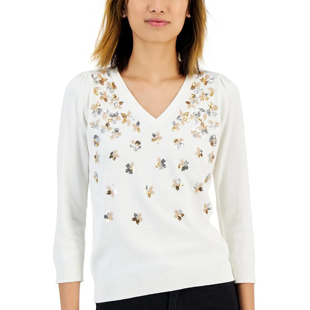 商品Charter Club|Petite Embellished V-Neck Sweater, Created for Macy's,价格¥107,第3张图片详细描述