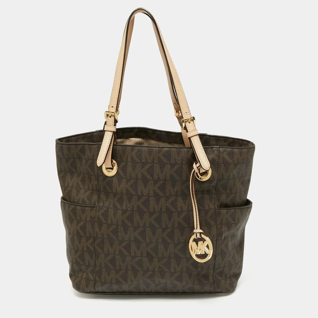 商品[二手商品] Michael Kors|MICHAEL Michael Kors Brown/Beige Signature Coated Canvas and Leather Jet Set Tote,价格¥890,第1张图片