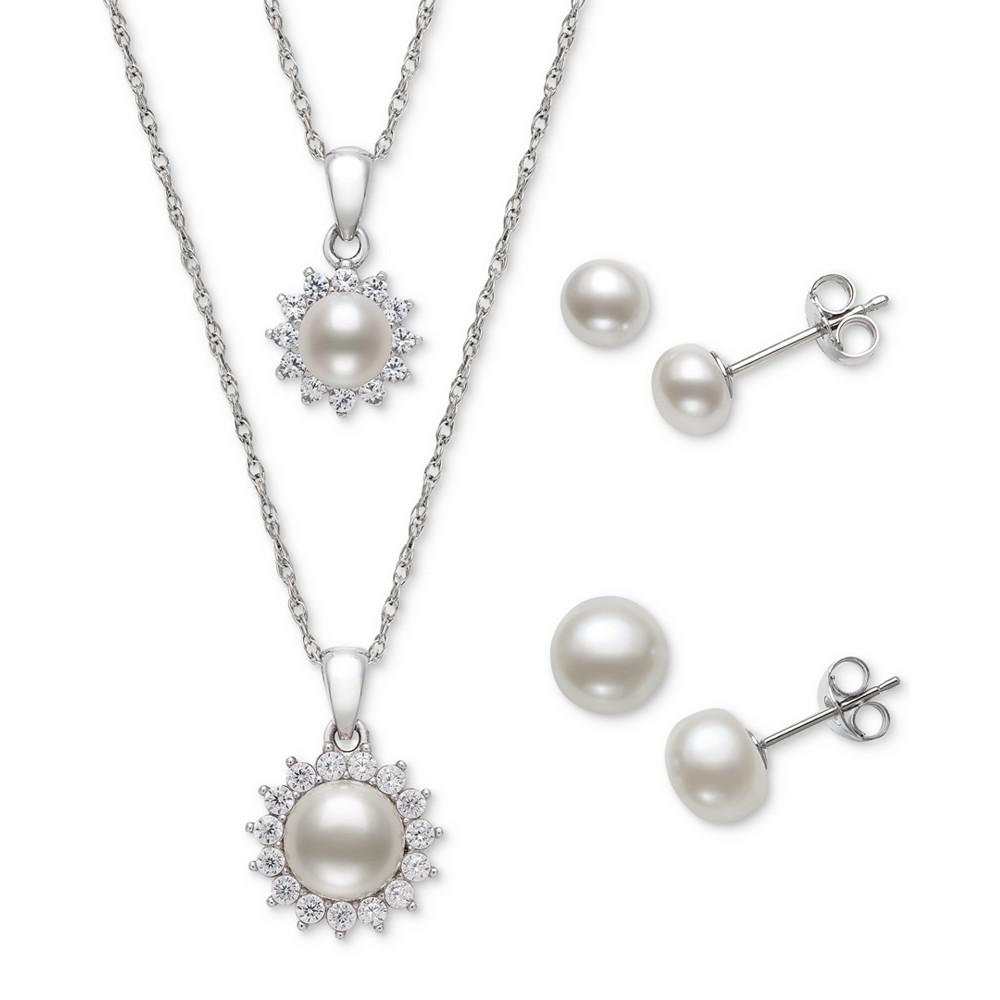 4-Pc. Set White Cultured Freshwater Pearl & Cubic Zirconia Mommy & Me Pendant Necklaces and Stud Earrings in Sterling Silver, (Also in Pink Cultured Freshwater Pearl), Created for Macy's商品第1张图片规格展示