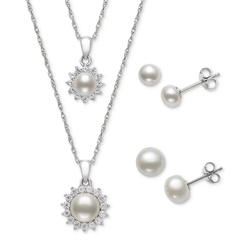 商品Belle de Mer|4-Pc. Set White Cultured Freshwater Pearl & Cubic Zirconia Mommy & Me Pendant Necklaces and Stud Earrings in Sterling Silver, (Also in Pink Cultured Freshwater Pearl), Created for Macy's,价格¥795,第1张图片