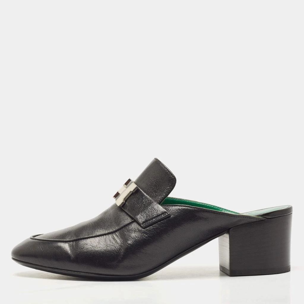 商品[二手商品] Hermes|Hermes Black Leather Paradis Block Heel Mule Sandals Size 38.5,价格¥6026,第1张图片