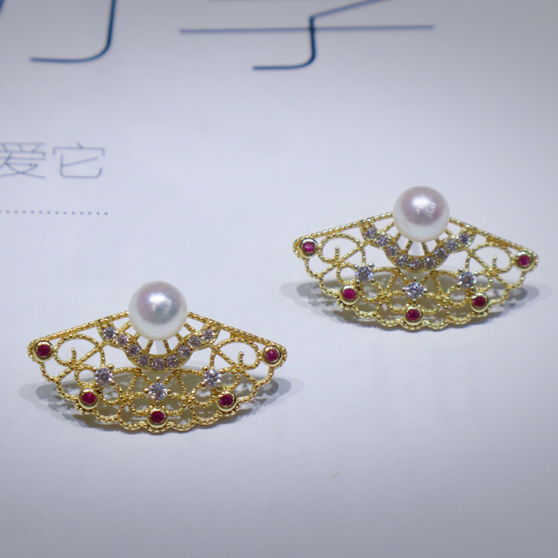 925银镀18K金天然淡水珍珠akoya光泽玲珑扇耳钉商品第1张图片规格展示