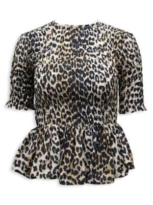 商品[二手商品] Ganni|Ganni Leopard Print Smocked Peplum Top In Animal Print Cotton,价格¥826,第1张图片