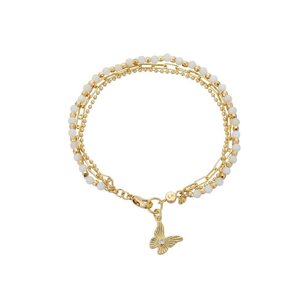14K Gold Flash Plated Mother of Pearl Stone Butterfly Triple Strand Bracelet商品第1张图片规格展示
