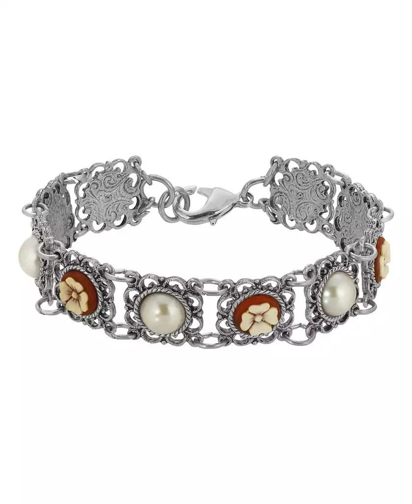 商品2028|Pewter Round Cornalian Cameo and Cultura Imitated Pearl Bracelet,价格¥563,第1张图片