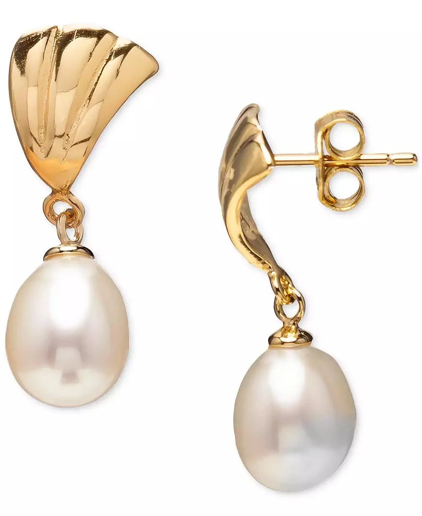 商品Macy's|Cultured Freshwater Pearl (7.5-9.5mm) Ridged Fan Drop Earrings in 18k Gold over Sterling Silver, Created for Macy's,价格¥405,第3张图片详细描述