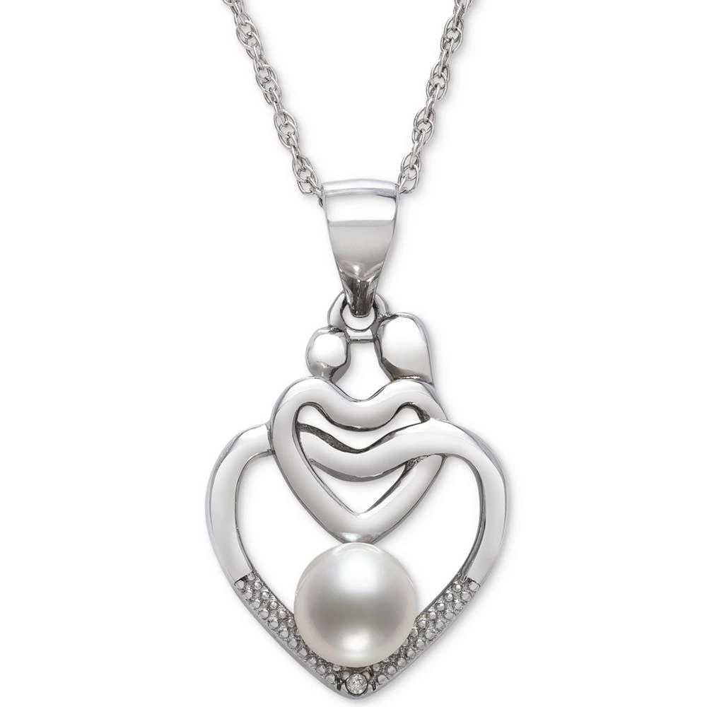 商品Belle de Mer|Cultured Freshwater Pearl (5mm) & Diamond Accent Mother & Child Heart 18" Pendant Necklace in Sterling Silver,价格¥525,第1张图片