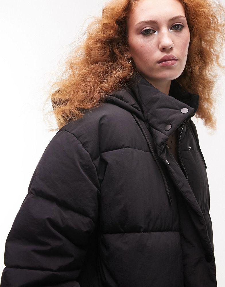 Topshop mid length tie waist puffer jacket in black商品第4张图片规格展示