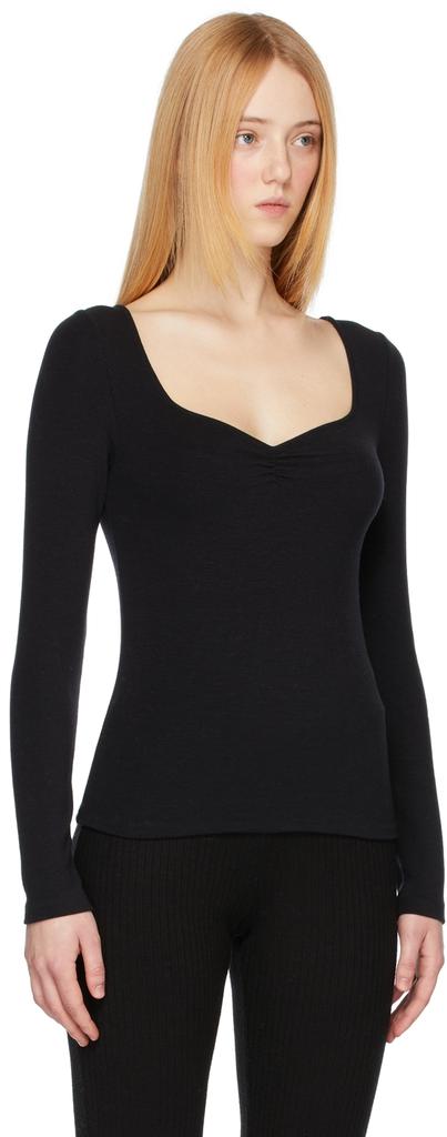 Black Ruched V-Neck Long Sleeve T-Shirt商品第2张图片规格展示