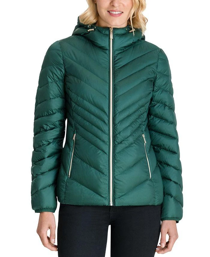 商品Michael Kors|Michael Michael Kors Women's Green Chevron Double Layer Zipper 3/4 Hooded Packable Coat,价格¥1171,第1张图片