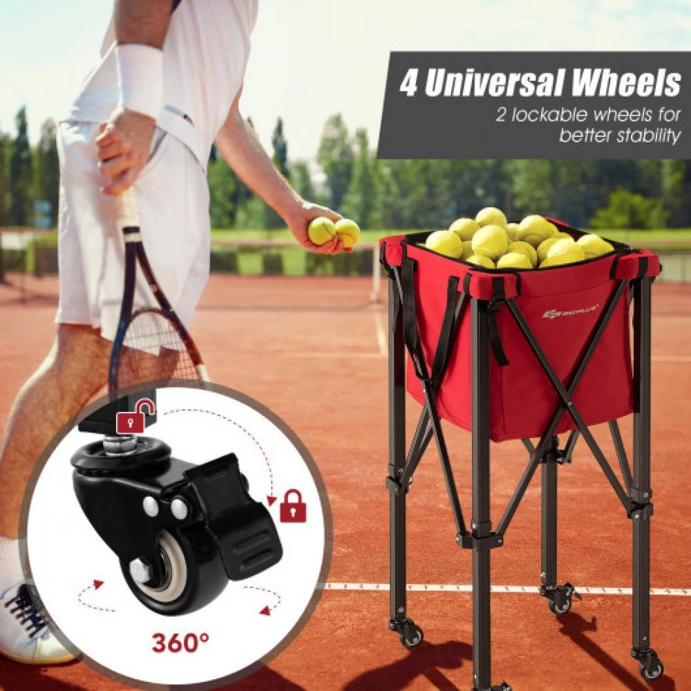 Lightweight Foldable Tennis Ball Teaching Cart with Wheels and Removable Bag-Red 商品