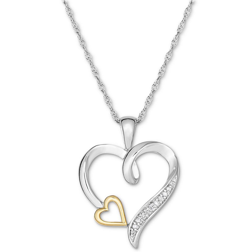 Diamond Accent Two-Tone Heart 18" Pendant Necklace in Sterling Silver & 10k Gold商品第3张图片规格展示