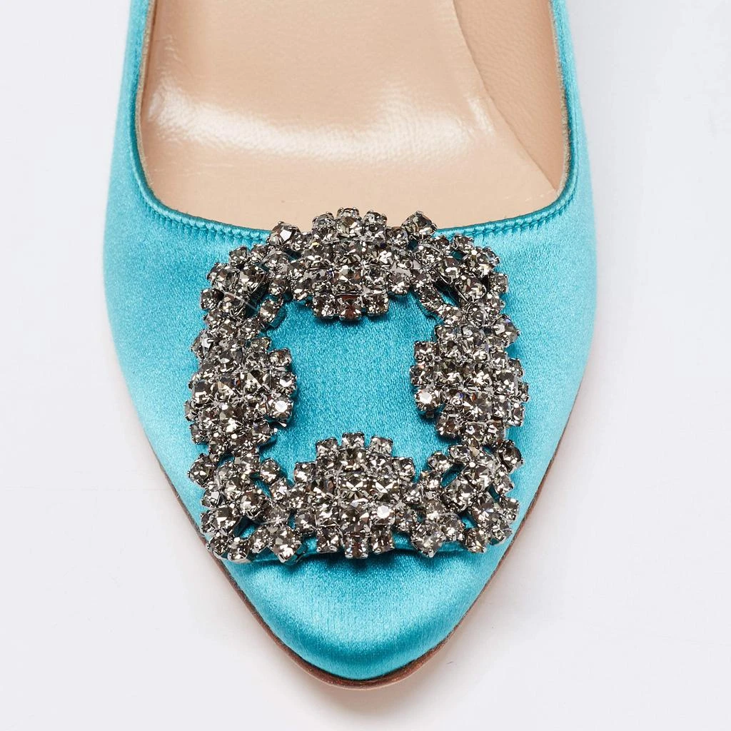 Manolo Blahnik Aqua Blue Satin Crystal Embellished Hangisi Pointed Toe Pumps Size 37.5 商品