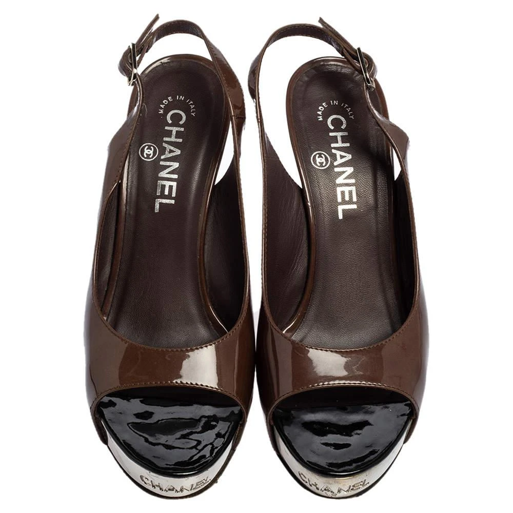 商品[二手商品] Chanel|Chanel Olive Brown Patent Leather Peep Toe Slingback Platform Sandals Size 37.5,价格¥2146,第3张图片详细描述