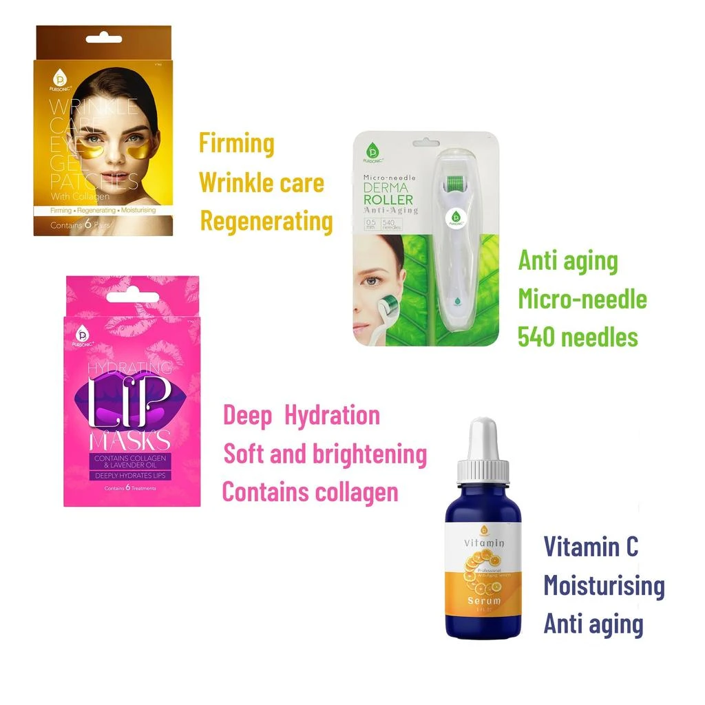 商品PURSONIC|Ultimate Skincare Bundle: Vitamin C Serum (3 fl. oz), Wrinkle Care Eye Gel Patches, Hydrating Lip Masks (Pack of 6), and Micro Needle Derma Roller 0.5 mm,价格¥344,第2张图片详细描述