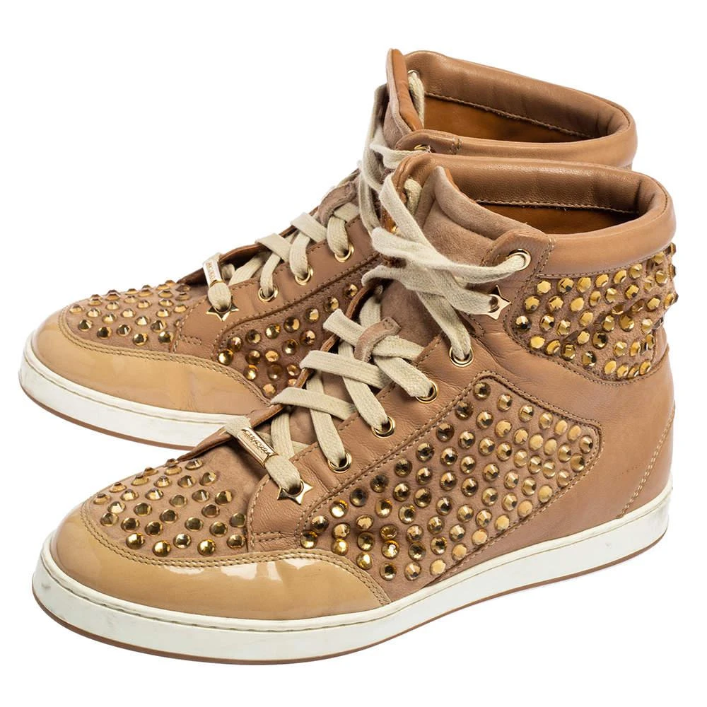 商品[二手商品] Jimmy Choo|Jimmy Choo Beige Patent Leather and Leather Crystal Studded Tokyo High Top Sneakers Size 36,价格¥1547,第4张图片详细描述