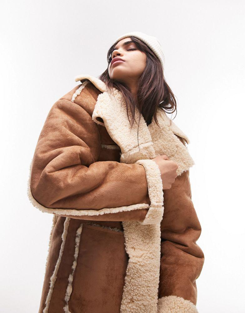 Topshop faux shearling longline reversible coat in tan and cream商品第1张图片规格展示