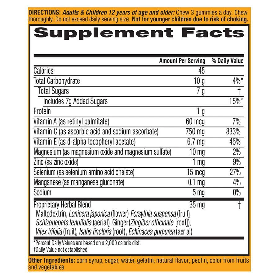 商品Airborne|Vitamin C, E, Zinc, Minerals & Herbs Immune Support Supplement Gummies Orange,价格¥126,第3张图片详细描述