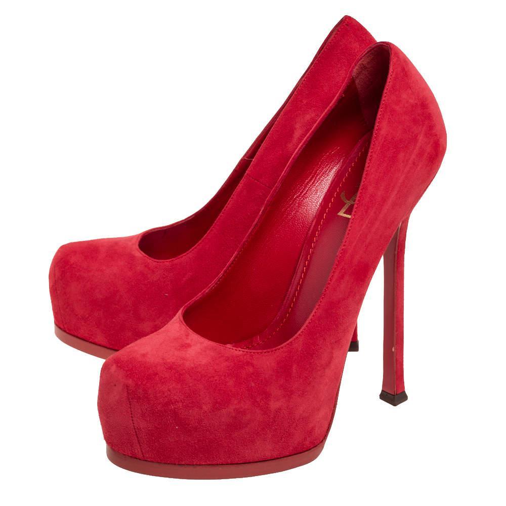 商品Yves Saint Laurent|Saint Laurent Red Suede Leather Tribtoo Platform Pumps Size 38.5,价格¥2203,第6张图片详细描述