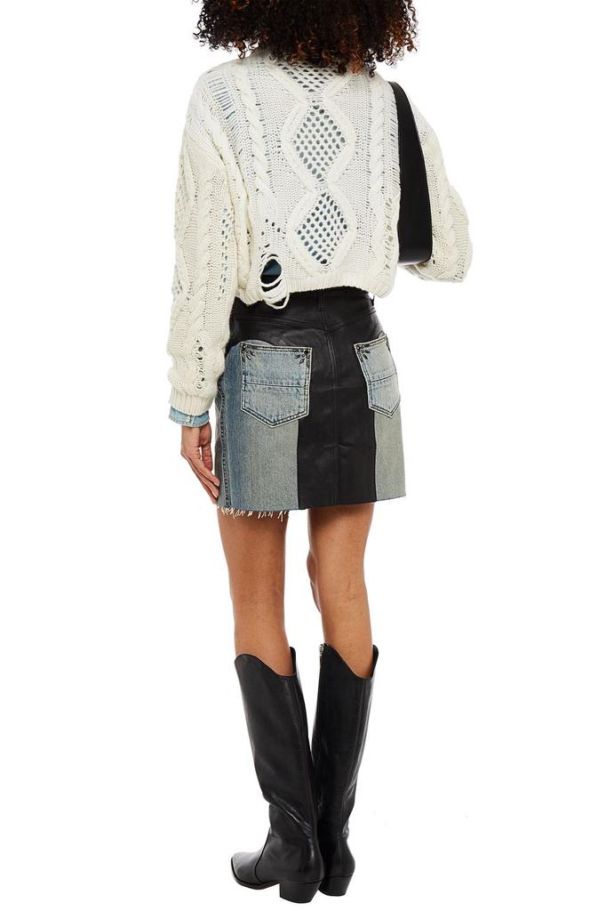 Denim-paneled studded leather mini skirt商品第1张图片规格展示