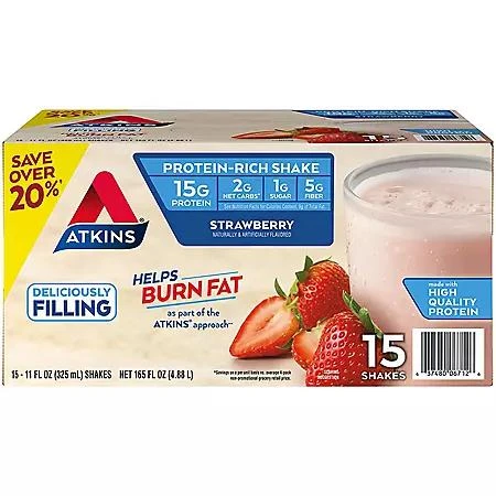 商品Atkins|Atkins 15g Keto Protein Shake, Strawberry 11 fl. oz.,15 pk.,价格¥177,第1张图片