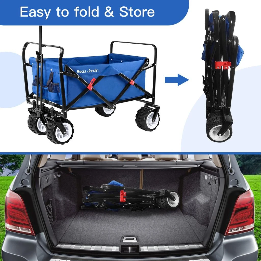 BEAU JARDIN Folding Beach Wagon 460 Pound Collapsible Foldable Wagon with All Terrain Big Wheels Heavy Duty Utility Groacery Cart for Camping Garden Sports Blue 商品