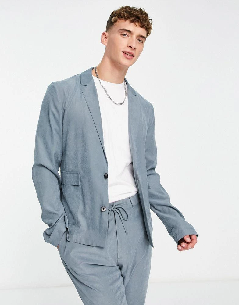 商品ASOS|ASOS DESIGN slim soft tailored suit jacket in muted blue suede,价格¥384,第1张图片