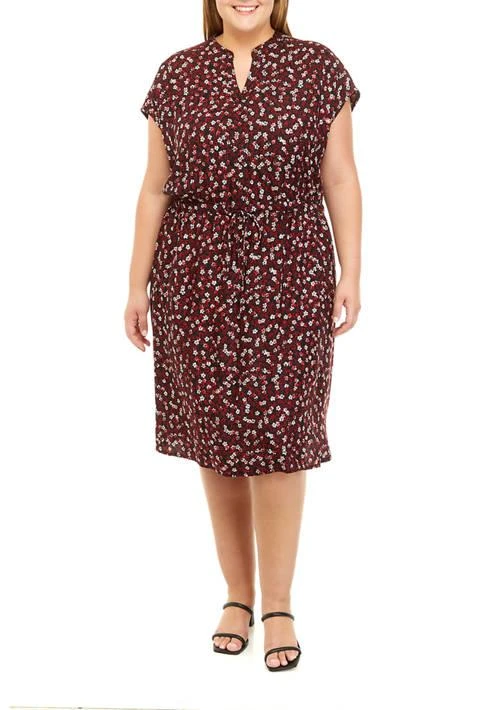 商品Sandra Darren|Darren Plus Size Cap Sleeve Drawstring Waist Ditsy Printed Shirt Dress,价格¥184,第1张图片