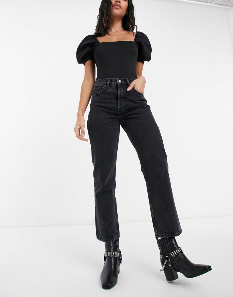 Topshop Editor straight leg jeans in worn black商品第1张图片规格展示