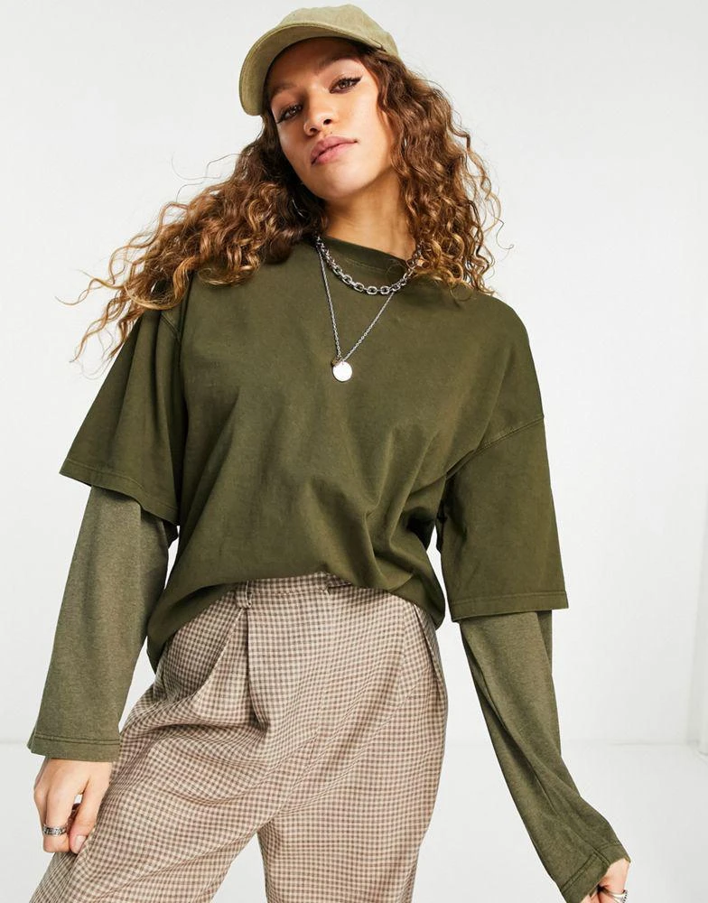 商品Topshop|Topshop washed 2 in 1 long sleeve skater t-shirt in olive,价格¥182,第4张图片详细描述