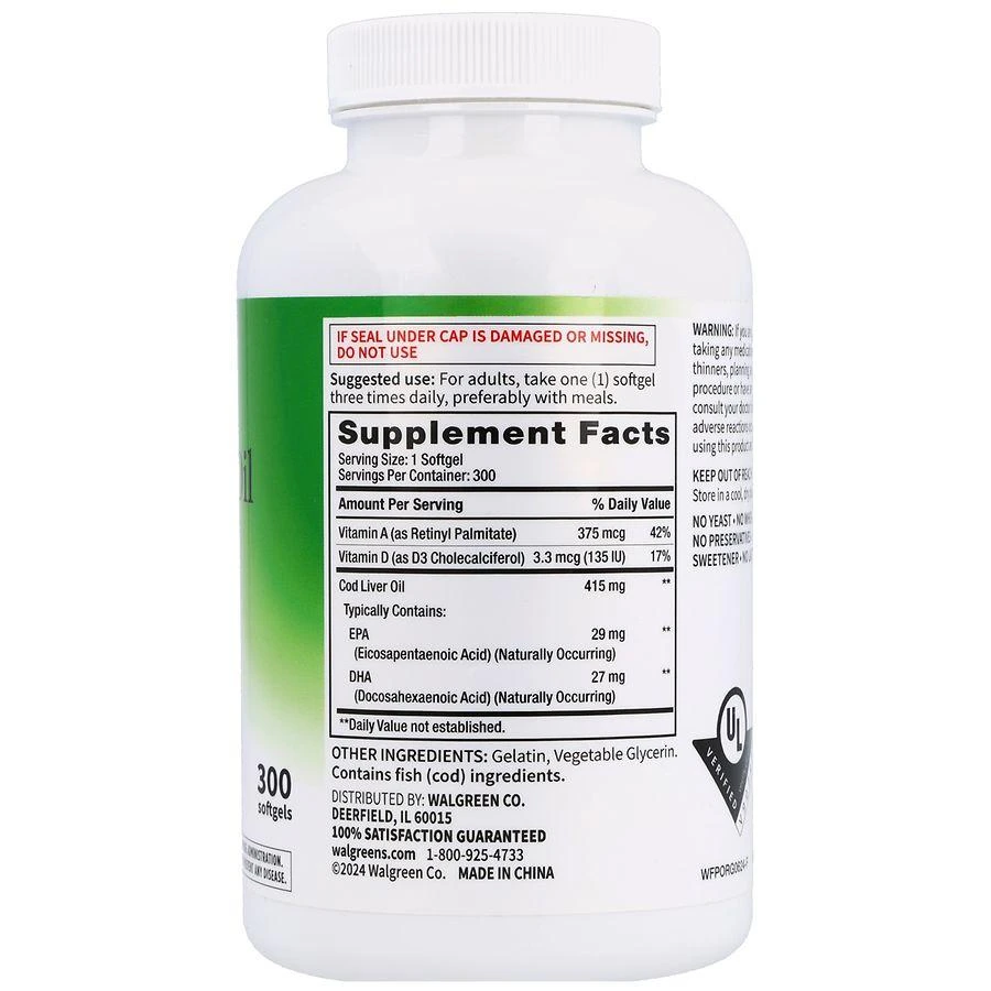商品Walgreens Free & Pure|Cod Liver Oil 415 mg Softgels,价格¥138,第3张图片详细描述