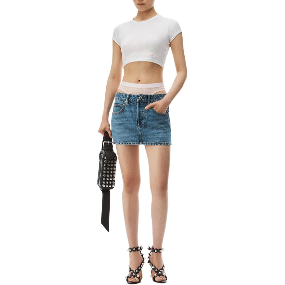 商品[国内直发] Alexander Wang|alexander wang亚历山大王 FW24 烫钻叠搭款水洗极简风迷你牛仔短裙 女款 复古中靛蓝,价格¥2613,第3张图片详细描述