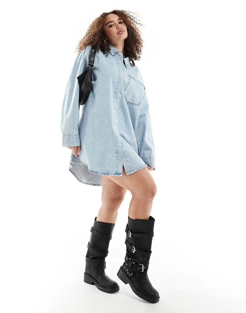 商品ASOS|ASOS DESIGN Curve denim mini shirt dress with front pockets in bleach wash,价格¥289,第3张图片详细描述