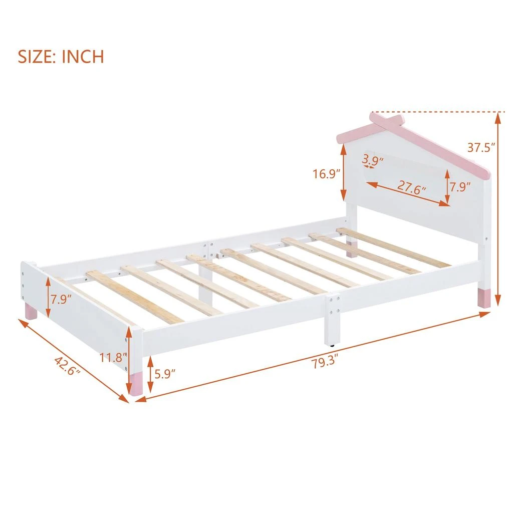 商品Streamdale Furniture|Streamdale Wood Twin Platform Bed with House Headboard & Night Lights (White+,价格¥2506,第3张图片详细描述