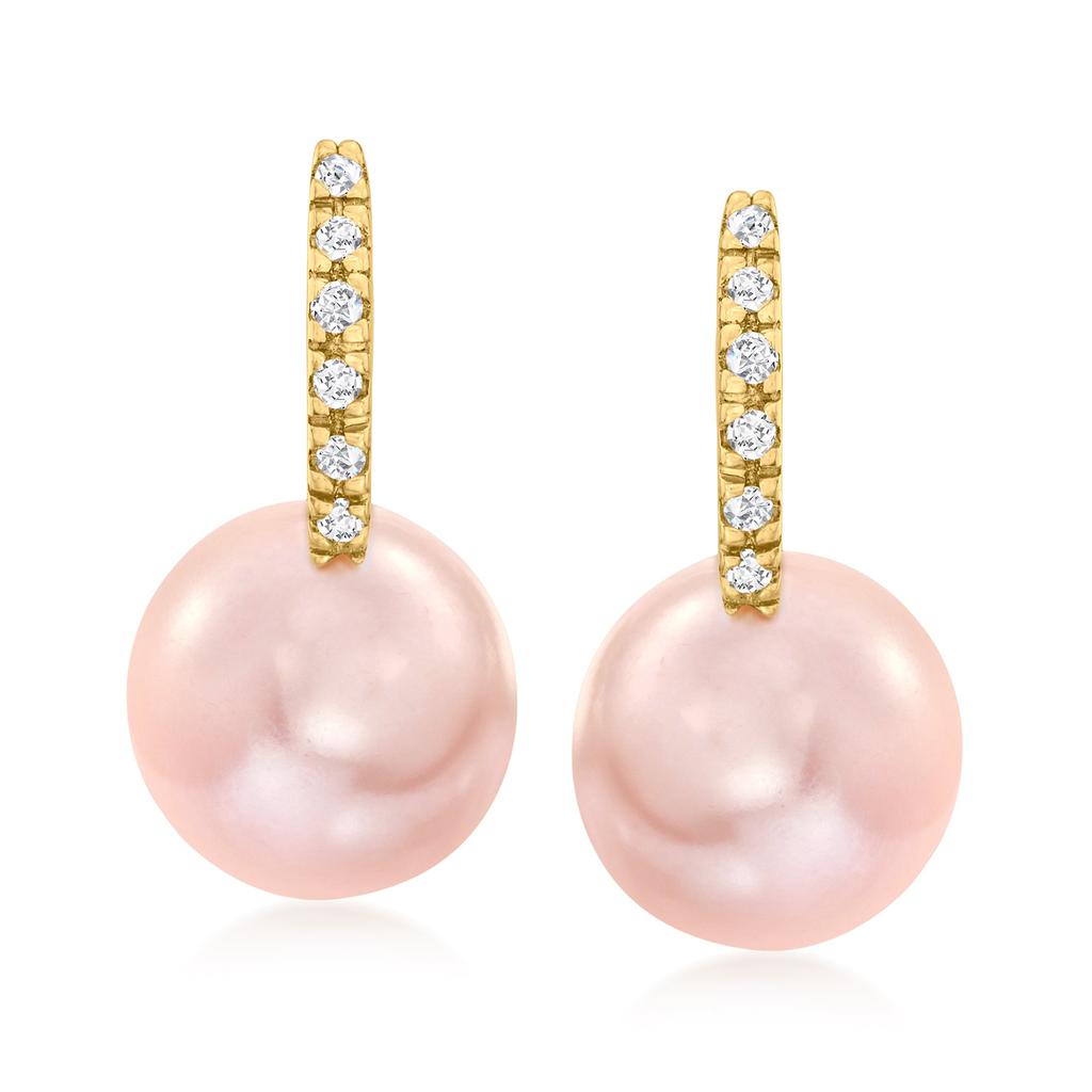Ross-Simons 8-8.5mm Pink Cultured Pearl Huggie Hoop Drop Earrings With Diamond Accents in 14kt Yellow Gold商品第2张图片规格展示