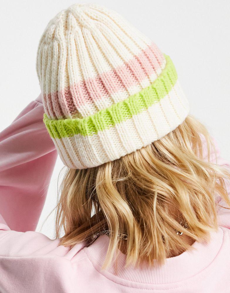 商品Topshop|Topshop stripe ribbed beanie in off white and pink,价格¥54,第4张图片详细描述