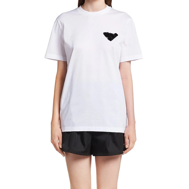 商品Prada|【预售3-7天】普拉达 21年秋冬 女士白色棉质刺绣平纹针织T恤35838R_1ZVO_F0964_S_162,价格¥6425,第4张图片详细描述