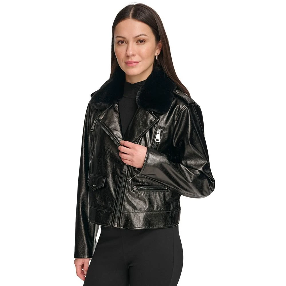 商品DKNY|Women's Crackle Faux-Leather Long-Sleeve Moto Jacket,价格¥255,第3张图片详细描述