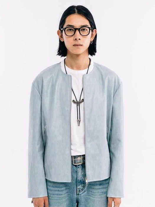 商品VASTIC|Collarless Western Leather Jacket (Sky Blue),价格¥907,第2张图片详细描述